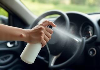 Air freshener or cleaning product being used in car interior for odor removal.